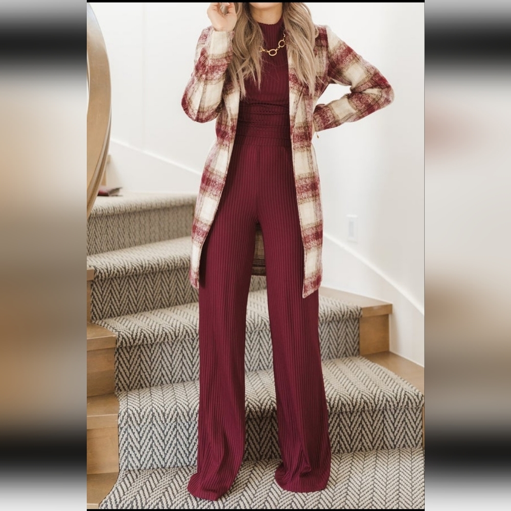 Plaid Blazer jacket coat with belt Red white cranberry preppy